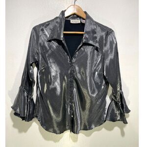 Blue Diamond button up shirt VTG metallic gray dagger point collar disco women L